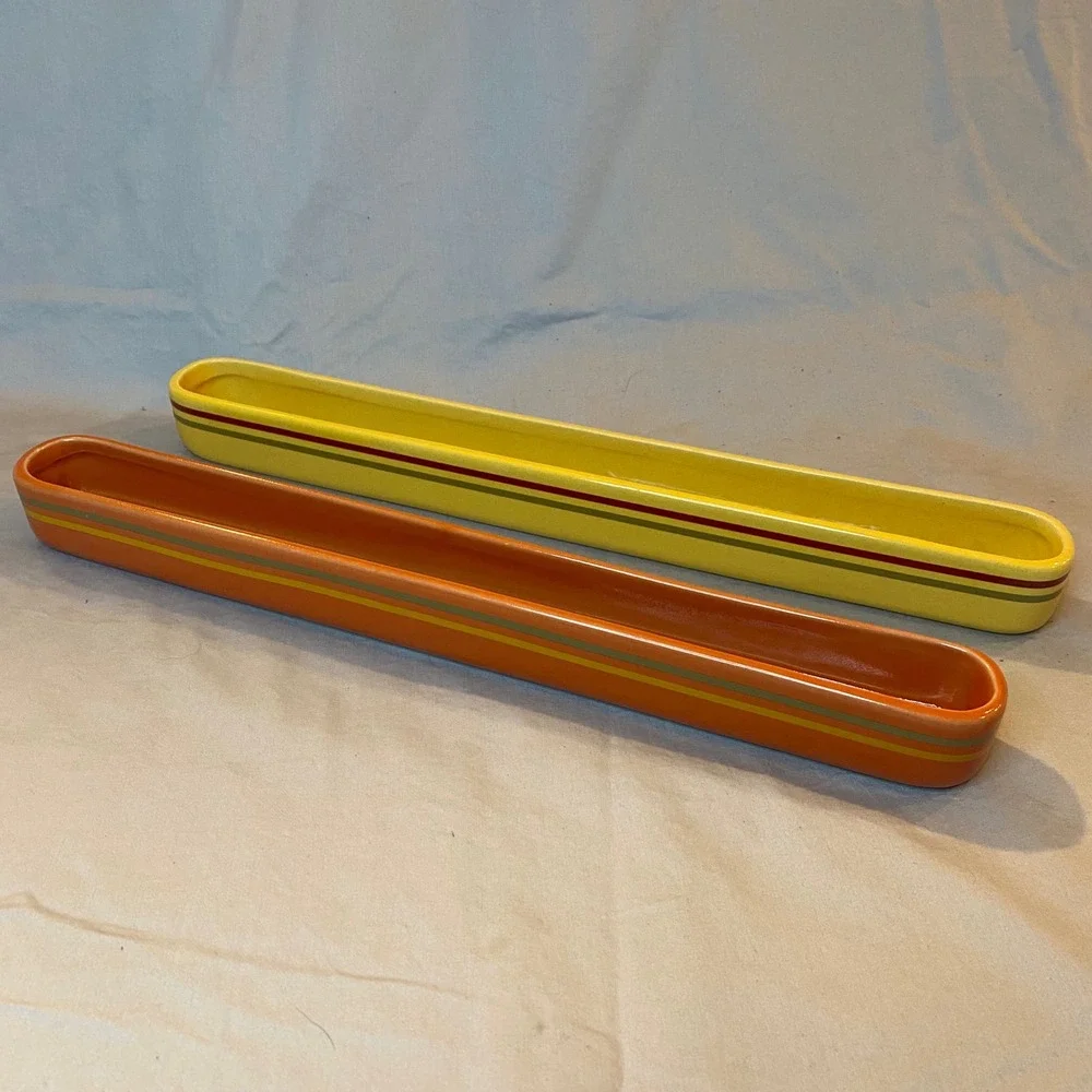 Set of 2‎ Ceramic Olive Serving Trays Yellow Orange Striped Rectangular Dishware